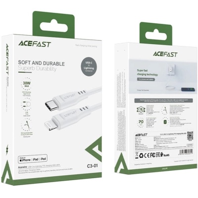 Дата кабель USB-C to Lightning 1.2m 3.0A TPE C3-01 White Acefast (6974316280811)
