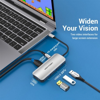 Концентратор Vention USB3.1 Type-C --> HDMI/VGA/USB 3.0x3/PD 100W Hub 6-in-1 (TOIHB)