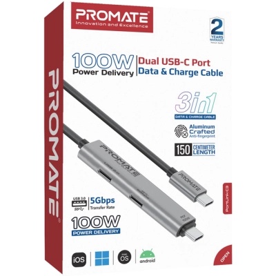Дата кабель USB-C to USB-C portlink-c3.black Promate (portlink-c3.black)
