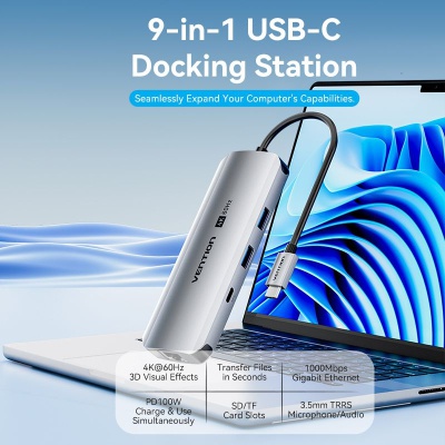 Концентратор Vention USB 3.1 Type-C to HDMI 4K60Hz/USB 3.0x2/RJ45/SD/TF/3.5mm/PD 100W Hub 9-in-1 (TQMHB)