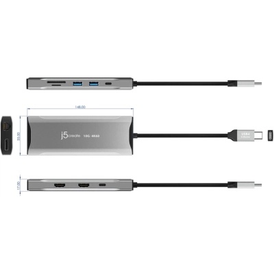 Концентратор J5create USB-C 9-in-1 2xUSB 3.2 + 2xUSB-C PD + 2xHDMI 4K + DisplayPort + SD/TF + RJ45 1000Mbps gray (JCD397-N)