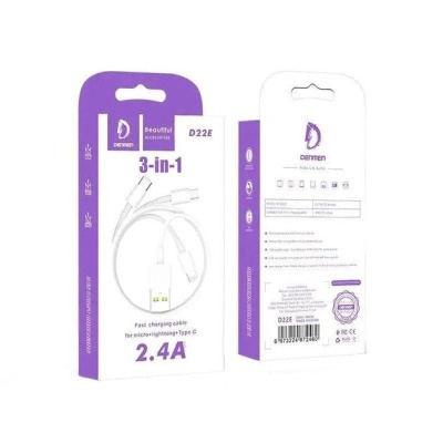 Дата кабель USB 2.0 AM to Lightning + Micro 5P + Type-C 1.0m D22E White Denmen (DM-D22E-WH)