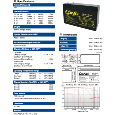 Батарея до ДБЖ Long 12В 7.2 Ач (WP7.2-12) (WP7.2-12A)