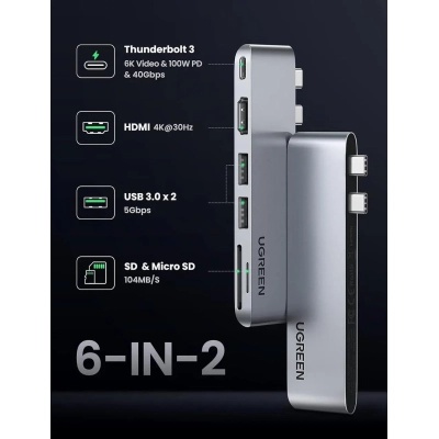 Концентратор Ugreen 2xUSB-C to HDMI + 2xUSB 3.0 + SD/TF + USB-C CM380 gray (80856)