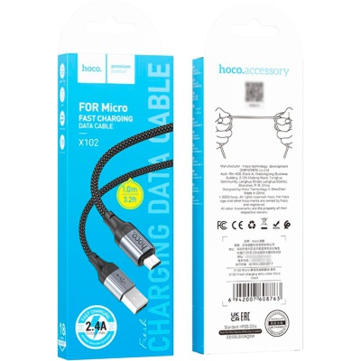 Дата кабель USB 2.0 AM to Micro 5P 1.0m 2.4A nylon X102 black HOCO (6942007608763)