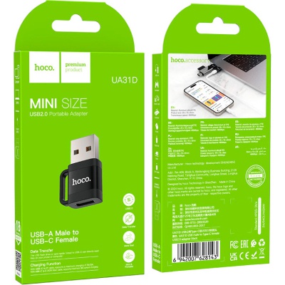 Перехідник UA31D USB M to USB-C F USB2.0 Black HOCO (6942007628143)