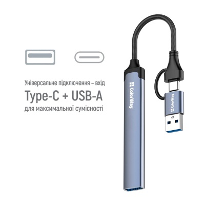 Концентратор ColorWay USB-A/USB-C 4-in-1 USB2.0х2/USB3.0/USB-C2.0 (CW-HUB06)
