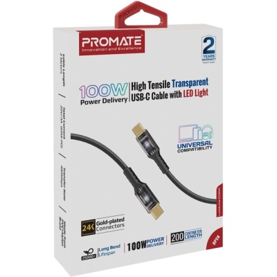 Дата кабель USB-C to USB-C lucidline-cc200.black Promate (lucidline-cc200.black)