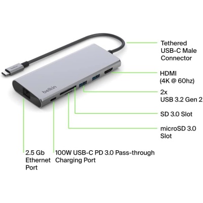 Концентратор USB-C 7in1 Ethernet Multiport Dock Belkin (INC009BTSGY)