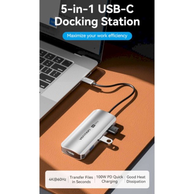 Концентратор Vention USB 3.1 Type-C to HDMI 4K60Hz/USB 3.0x3/PD 100W 5-in-1 (TQDHB)