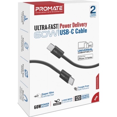 Дата кабель USB-C to USB-C ecoline-cc120.black Promate (ecoline-cc120.black)