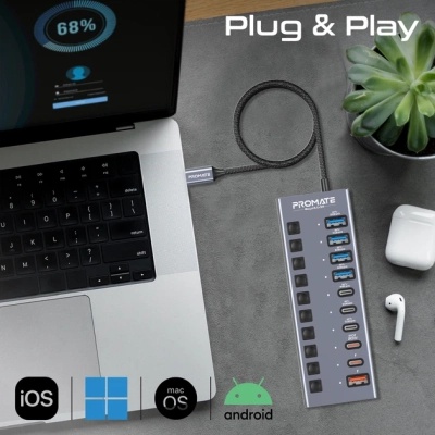 Концентратор Promate USB-C 10-in-1 5xUSB-C + 5xUSB gray (gegahub-5g)