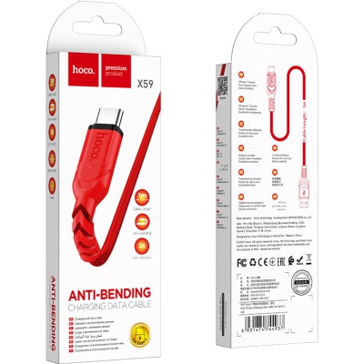 Дата кабель USB 2.0 AM to USB-C 1.0m 3A nylon X59 red HOCO (6931474744937)