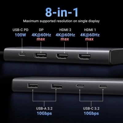 Концентратор Ugreen USB-C to 2xUSB 3.2 + 2xUSB-C 3.2 + 2xHDMI + DP 4K60Hz + PD 100W CM639 gray (35625)