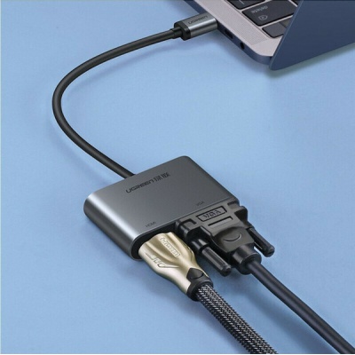 Концентратор Type-C M to HDMI+VGA Adapter with PD CM162 (Silver) Ugreen (50505)