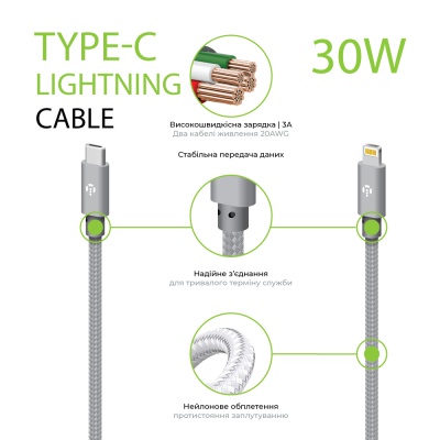 Дата кабель USB-C to Lightning 1.0m CBGNYTL1 30W Grey Intaleo (1283126559587)