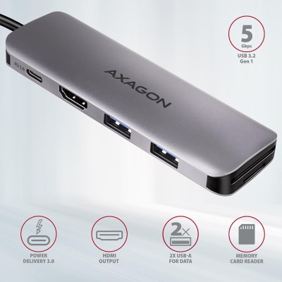 Концентратор AXAGON USB-C to 2xUSBA + HDMI + SD/microSD + USB-C PD 100W 0.2m grey (HMC-5)