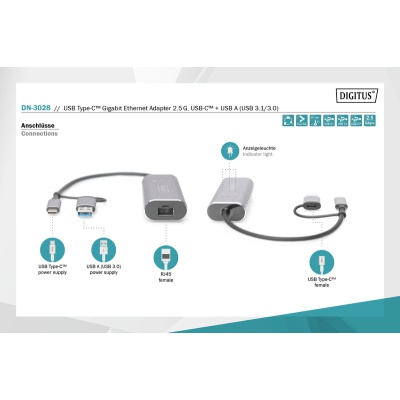 Перехідник USB-C + USB 3.0 to RJ45 2500Mbps Ethernet Digitus (DN-3028)