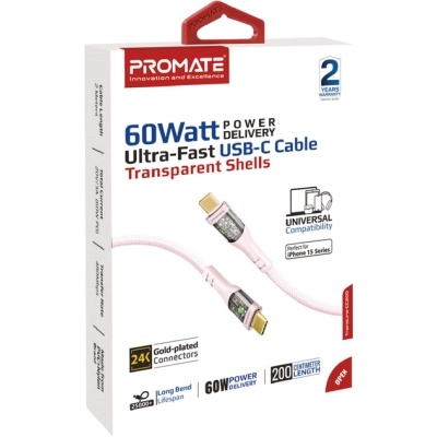 Дата кабель USB-C to USB-C transline-cc200.pink Promate (transline-cc200.pink)