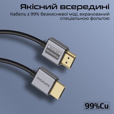 Кабель мультимедійний HDMI to HDMI 1.5m v2.1 grey Promate (primelink8k-150.grey)