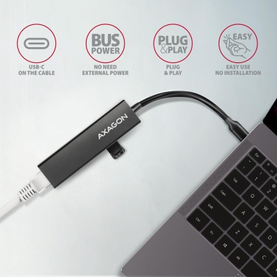 Концентратор AXAGON USB-C to 3xUSB-A + RJ45 0.2m metal black (HMC-GL3A)