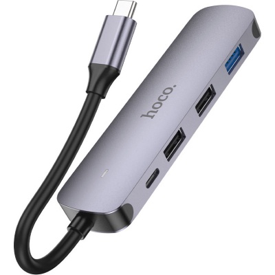 Концентратор HOCO USB-C to HDMI+USB3.0+2xUSB2.0+PD HB27 Metal Gray (6931474769329)