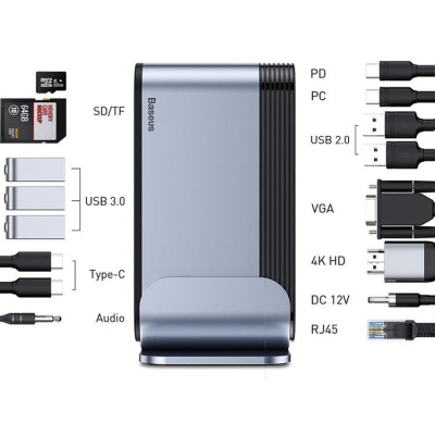 Концентратор Baseus USB3.2 Type-C to 1xHDMI/VGA/4xUSB-C/5xUSB/RJ45/SD/TRRS 3.5mm/PD 100W + PA 16 in 1 (CAHUB-BG0G)