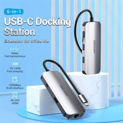 Концентратор Vention USB3.1 Type-C --> HDMI/USB-C Gen 1/USB 3.0x3/PD 100W Hub 6-i (TOFHB)