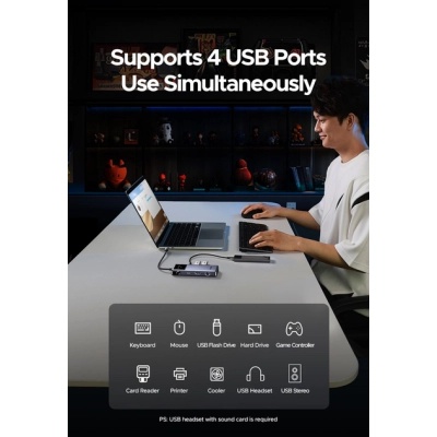 Концентратор Ugreen USB-C 7-in-1 3xUSB + 1xUSB-C + HDMI + RJ45 + PD 100W CM888 gray (45155)