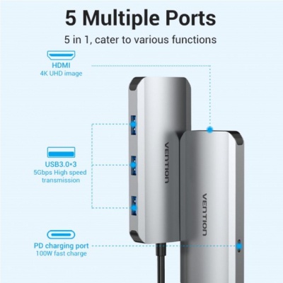 Концентратор Vention USB3.1 Type-C --> HDMI/USB 3.0x3/PD 100W Hub 5-in-1 (TODHB)