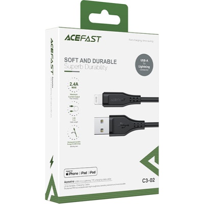 Дата кабель USB 2.0 AM to Lightning 1.2m 2.4A TPE C3-02 Black Acefast (6974316280828)