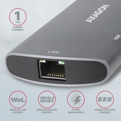 Концентратор AXAGON USB-C to 2xUSB-A + HDMI + RJ45 + SATA M.2 + PD 100W 0.18m grey (HMC-6M2)