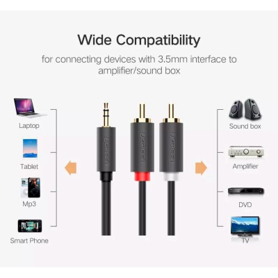 Кабель мультимедійний 3.5mm M to 2xRCA M 2.0m AV102 black UGREEN (10510)