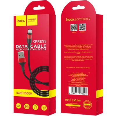 Дата кабель USB 2.0 AM to USB-C 1.0m 2A 18W nylon X26 black+red HOCO (6957531080251)
