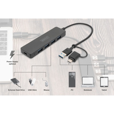 Концентратор Digitus USB-C + USB-A to 4xUSB-A 0.2m black (DA-70235)