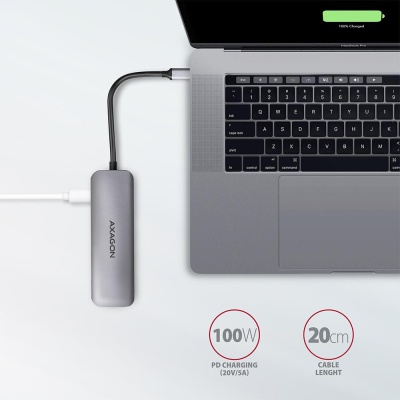 Концентратор AXAGON USB-C to 2xUSBA + HDMI + SD/microSD + USB-C PD 100W 0.2m grey (HMC-5)