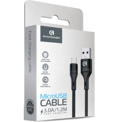 Дата кабель USB 2.0 AM to Micro 5P 1.2m AR87 3A black Armorstandart (ARM64038)