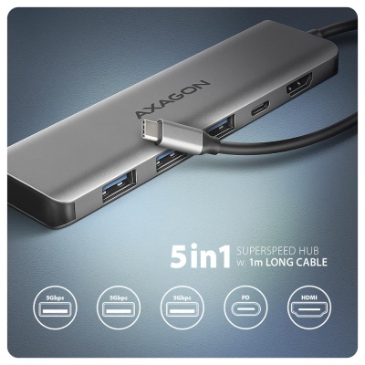 Концентратор AXAGON USB-C to 3xUSB-A + HDMI 5Gbps + PD 100W 1.0m grey (HMC-5H)