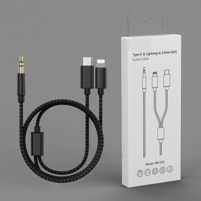 Кабель мультимедійний 3.5mm M to USB-C + Lightning 1,0m black XoKo (MH-232-BK)