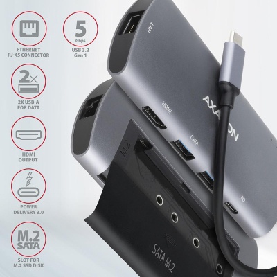 Концентратор AXAGON USB-C to 2xUSB-A + HDMI + RJ45 + SATA M.2 + PD 100W 0.18m grey (HMC-6M2)