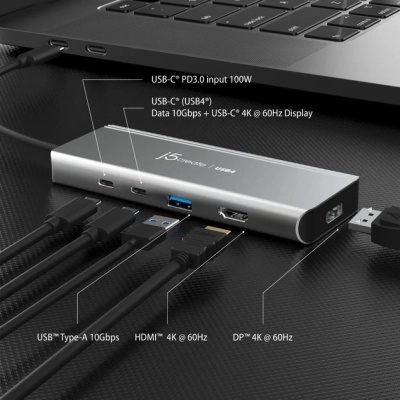 Концентратор J5create USB-C 7-in-1 USB 3.2 + USB-C PD + HDMI 4K + DisplayPort + SD/TF gray (JCD401-N)
