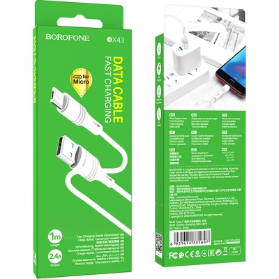Дата кабель USB 2.0 AM to Micro 5P 1.0m 2.4A PVC BX43 white BOROFONE (6931474735591)