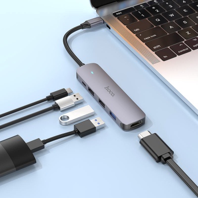 Концентратор HOCO USB-C to HDMI+USB3.0+2xUSB2.0+PD HB27 Metal Gray (6931474769329)