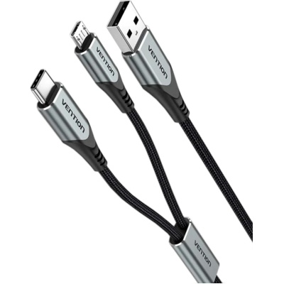 Дата кабель USB 2.0 AM to Micro 5P + Type-C 0.5m Y-Splitter 480Mbps Aluminum Alloy Gray Vention (CQGHD)