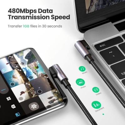 Дата кабель USB-C to USB-C 2.0m 3A 60W US323 90-degree Black Ugreen (70531)