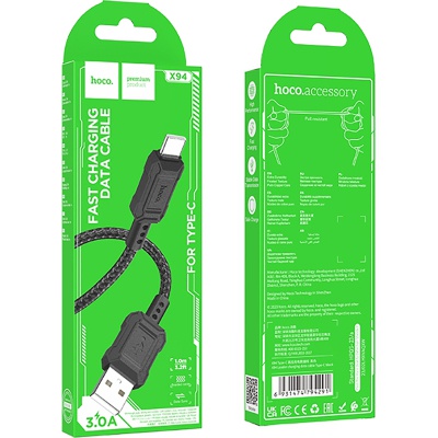Дата кабель USB 2.0 AM to USB-C 1.0m Leader charging X94 black HOCO (6931474794291)