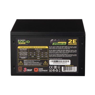 Блок живлення 2E GAMING SOLID POWER (600W), >85, 80+ Bronze, 120mm, 1xMB 24pin(20+4), 1xCPU 8pin(4+4), 3xMolex, (2E-SP600BR-120)