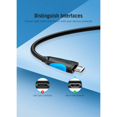 Дата кабель USB 2.0 AM to Micro 5P 2.0m Black Vention (VAS-A08-B200)