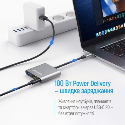 Концентратор ColorWay USB-C 3-in-1 USB 3.0 + HDMI 4K + USB-C PD100W (CW-HUB08)
