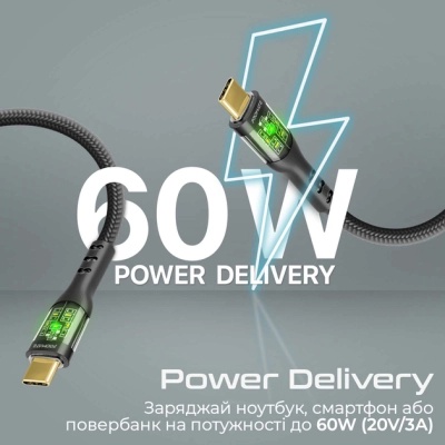 Дата кабель USB-C to USB-C transline-cc.black Promate (transline-cc.black)